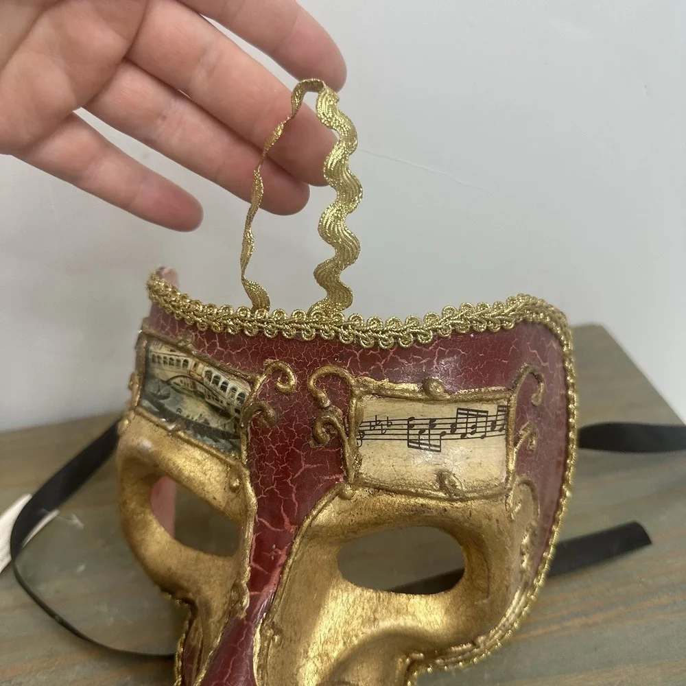 Red Gold Venetian Mardi Gras Nose Mask MASQUERADE CARNIVAL PARTY Music Notes